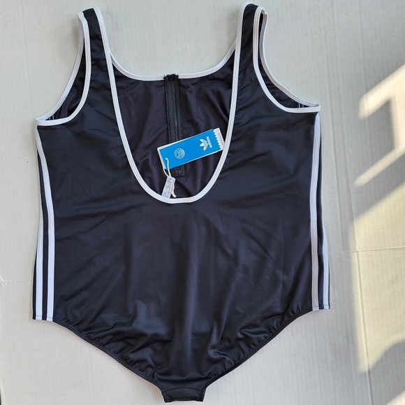 NWT Adidas Original Black White Adicolor Three Stripe Zip Up one Piece Swimsuit - Picture 3 of 8
